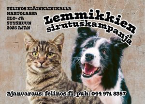 Koirien ja kissojen sirutuskampanja Felinos Eläinklinikalla elo- ja syyskuussa 2023