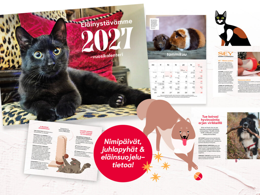 Eläinystävämme 2027 -kalenteri (kuvassa kalenterin kansilehti ja esimerkkisivuja)